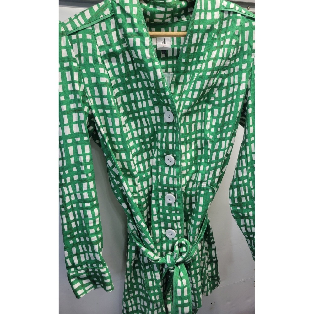 Cabi Green White Abstract Grid Linen Blend Belted Topper Jacket L‎